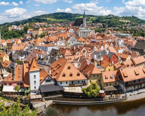 Aerial view of Český Krumlov with its iconic architecture and river coursing through the city.